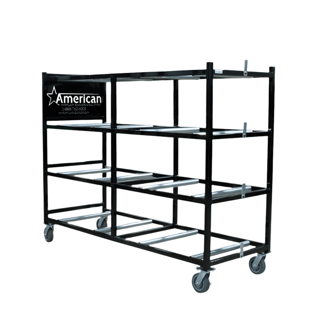 A close-up of the end-loading rollers and a high-density plastic body board on the Model 2000-4TEL rack, demonstrating the smooth and complete package.