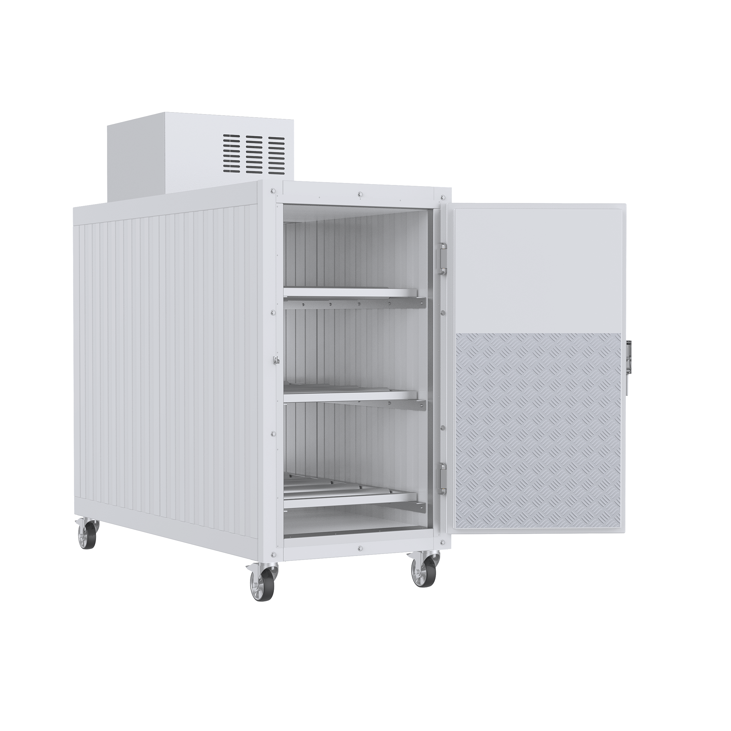 THE MODEL 2000-03BS 3-BODY STANDARD MORTUARY COOLER WITH THE OPTIONAL INTERIOR LIGHT ILLUMINATING THE INTERIOR.