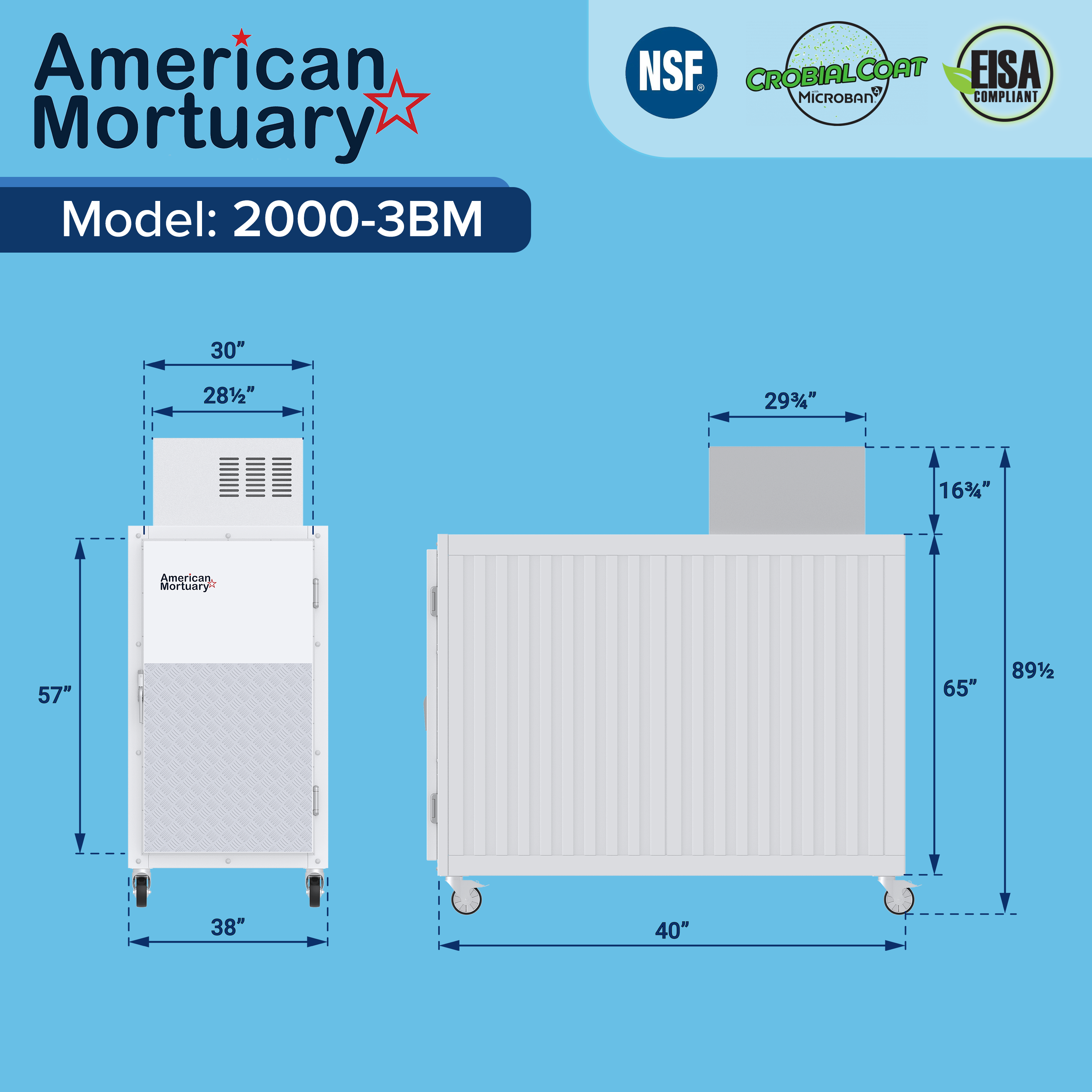 THE MODEL 2000-03BS 3-BODY STANDARD MORTUARY COOLER, SHOWCASING ITS HEAVY-DUTY CONSTRUCTION AND CHROME PLATED HARDWARE.