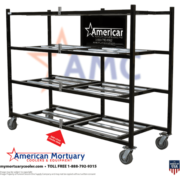 Ergonomic side-loading system of the Model 2000-4TSL mortuary rack, reducing strain on technicians.