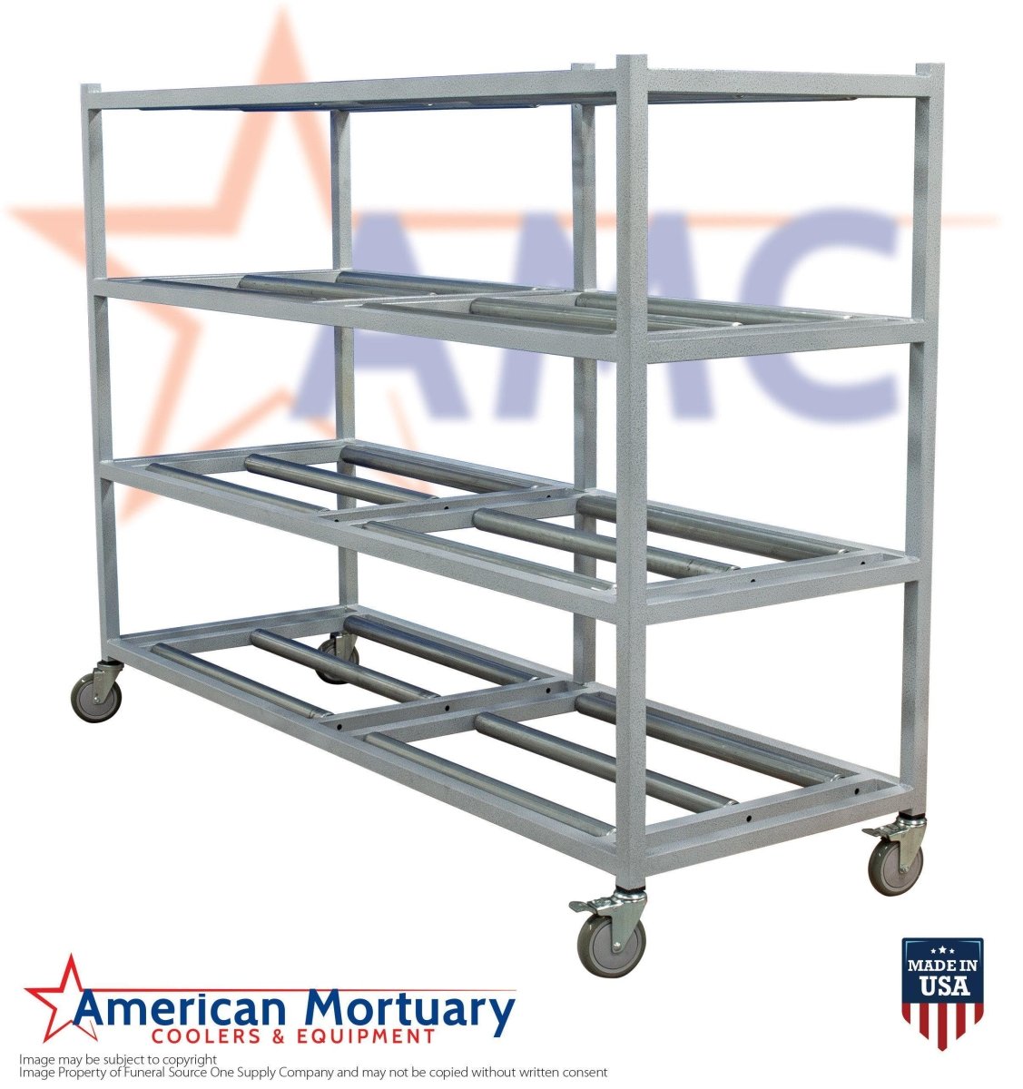 Detailed view of the welded powder-coated steel frame of the Model 2000-4TSL mortuary rack, highlighting its durability.

