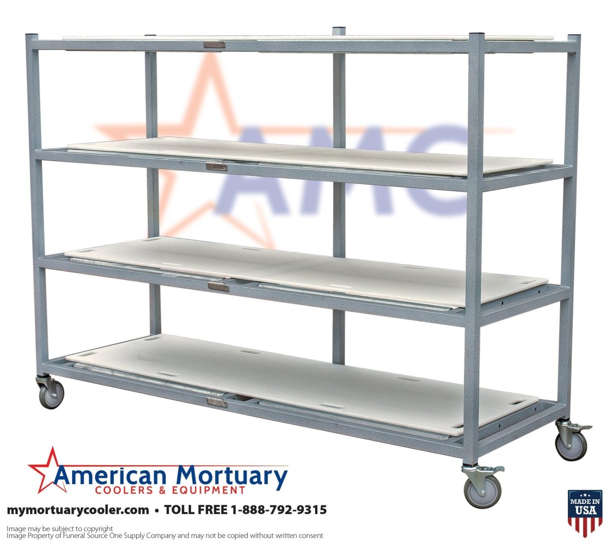 An AMC 4-tier side-loading mortuary rack (Model 2000-4TSL) in a cooler, demonstrating space-saving cadaver storage.